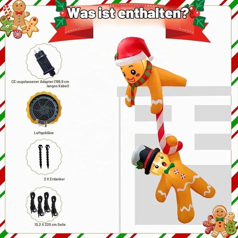 Aufblasbare Weihnachtsdeko 220cm Lebkuchenmann LED Outdoor Dekoration