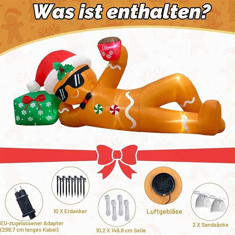 Aufblasbare Lebkuchenmann LED Weihnachtsdekoration Außen 300cm XXL Figur