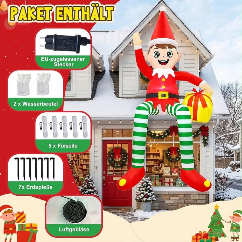 Aufblasbarer LED Outdoor Wichtel Geschenkbox Weihnachtsdeko 300cm