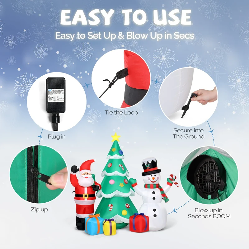 Aufblasbarer Weihnachtsbaum 190cm Weihnachtsmann Schneemann LED Deko