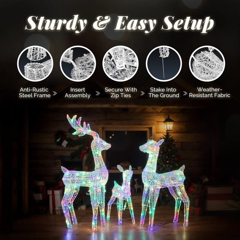 3tlg Rentier Familie Weihnachtsdeko LED Beleuchtet Dekoration