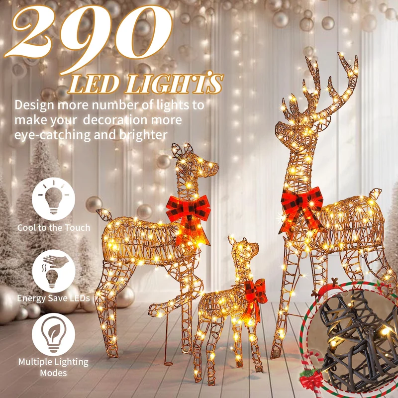 3tlg LED Rattan Rentier Familie Weihnachtsdeko Dekoration