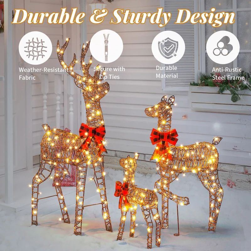 3tlg LED Rattan Rentier Familie Weihnachtsdeko Dekoration