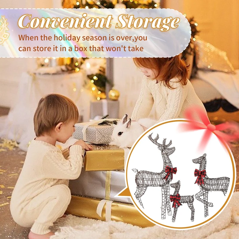3tlg LED Rattan Rentier Familie Weihnachtsdeko Dekoration