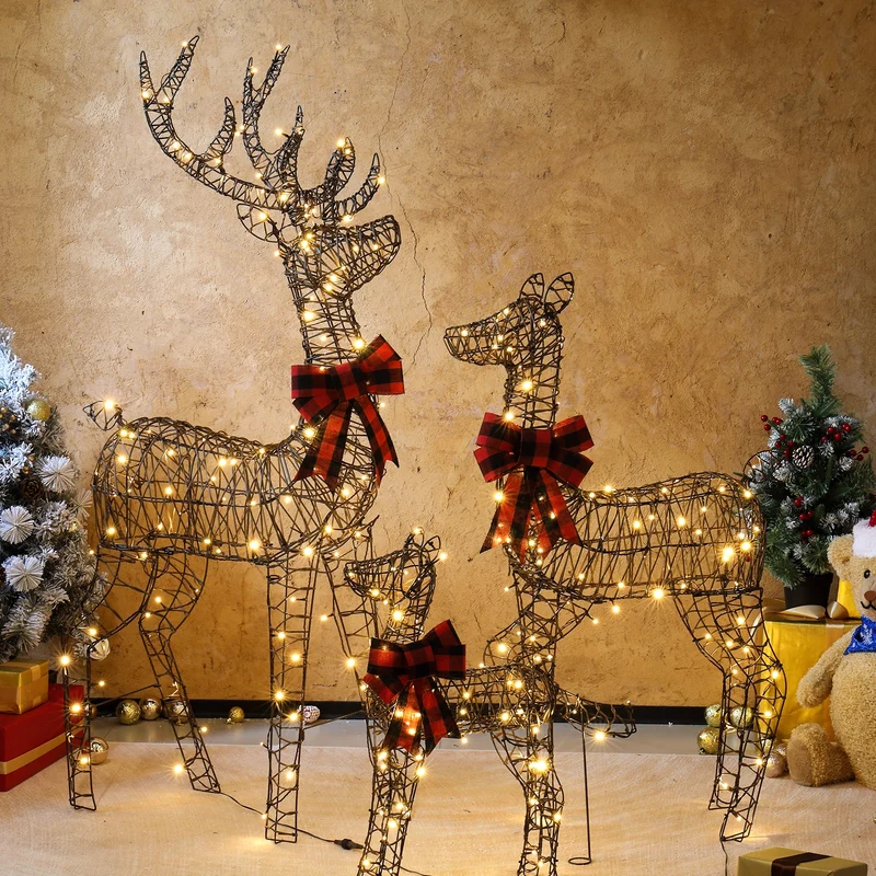 3tlg LED Rattan Rentier Familie Weihnachtsdeko Dekoration