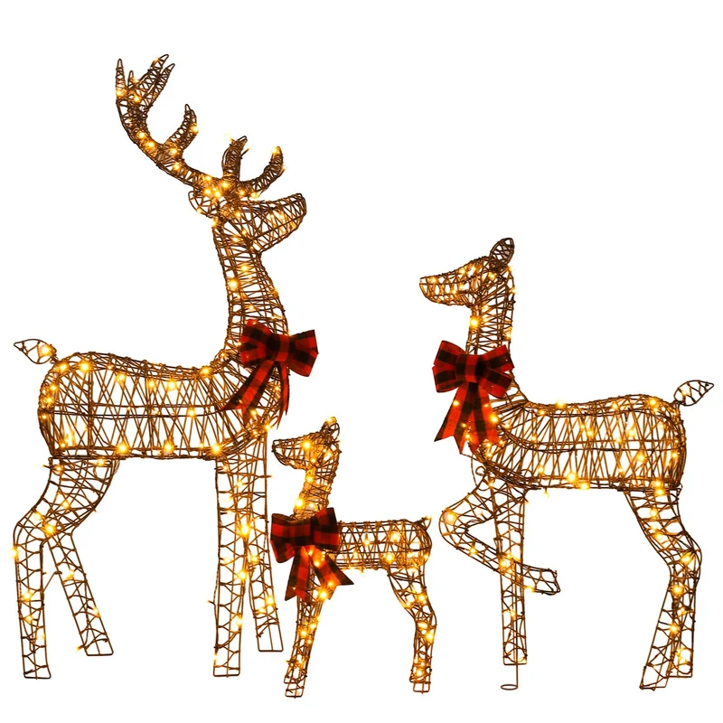 3tlg LED Rattan Rentier Familie Weihnachtsdeko Dekoration