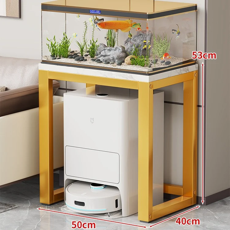 Gold-Metall-Aquarium-Konsole mit Kunstmarmorplatte und Robotersauger-Aufbewahrung