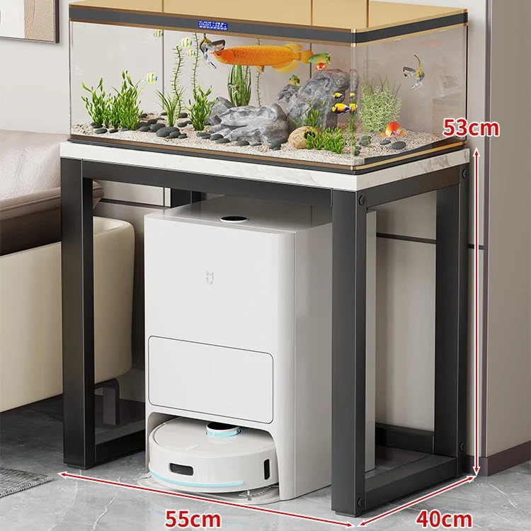 Gold-Metall-Aquarium-Konsole mit Kunstmarmorplatte und Robotersauger-Aufbewahrung