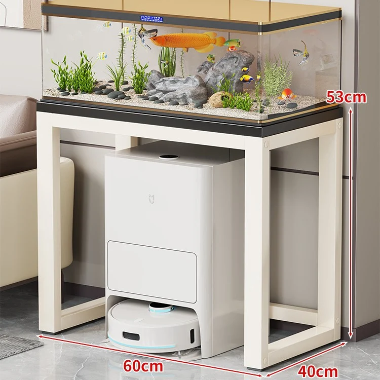 Gold-Metall-Aquarium-Konsole mit Kunstmarmorplatte und Robotersauger-Aufbewahrung