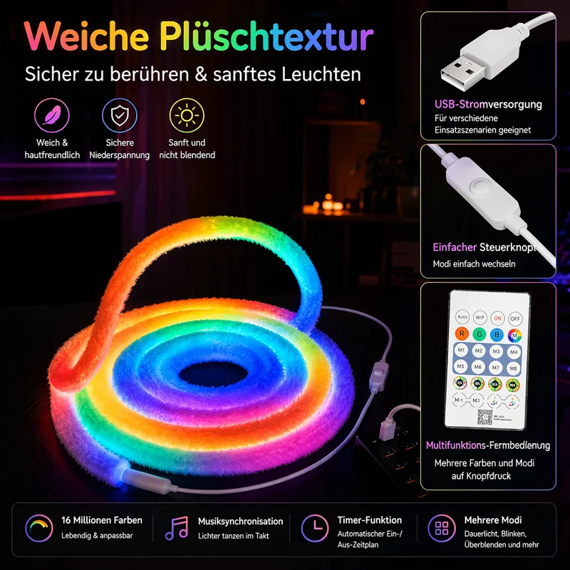 ✨ 50% RABATT! 🌟 Neon-Lichtband in Marderfell-Optik – 360° Rundumbeleuchtung ✨