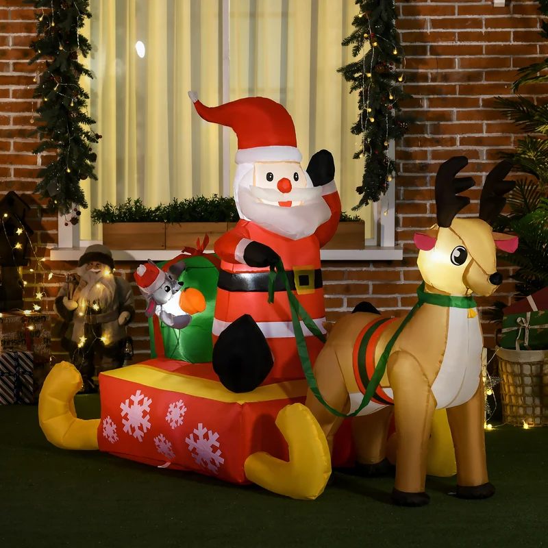 Aufblasbare Weihnachtsdeko Weihnachtsmann Schlitten Rentier LED Garten