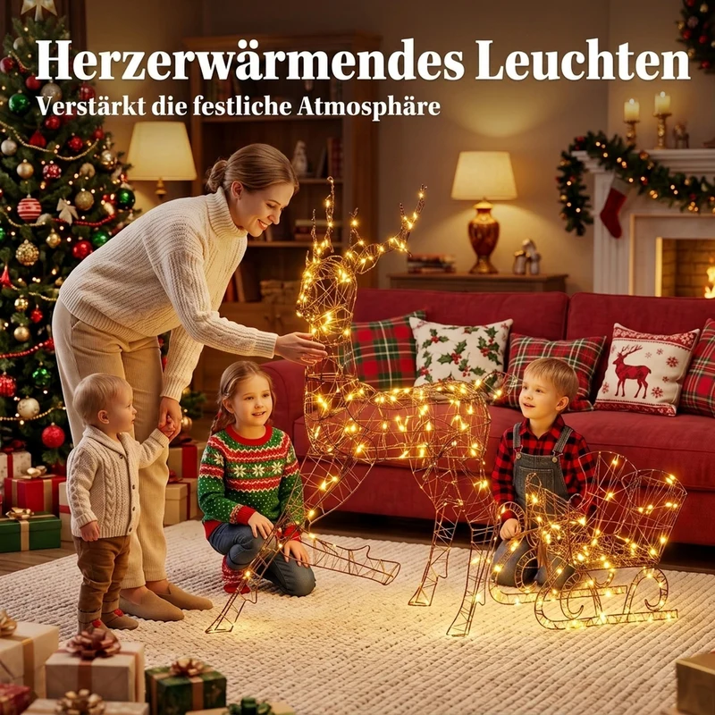 Rentier Schlitten 120cm LED Beleuchtung IP44 Gartendeko Außendeko