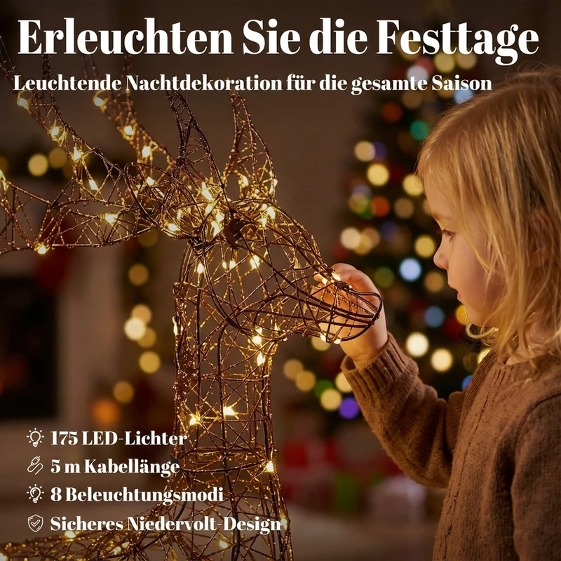 Rentier Schlitten 120cm LED Beleuchtung IP44 Gartendeko Außendeko