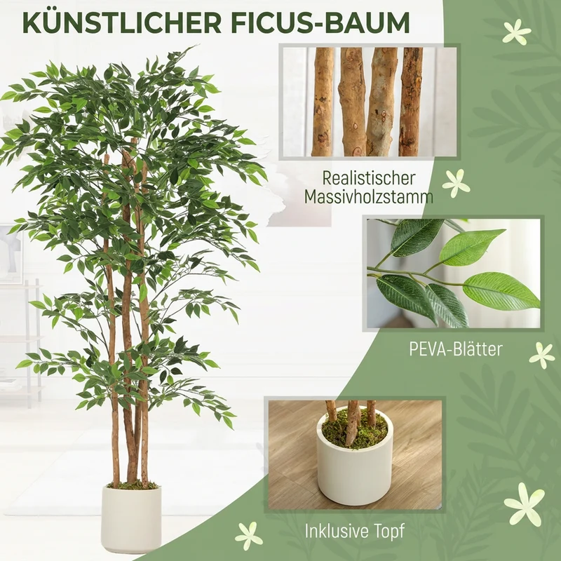 Künstlicher Banyanbaum 180cm Kunstpflanze Massivholzstamm Topf