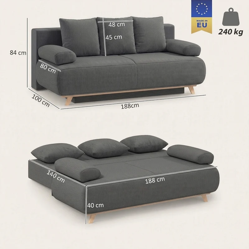 Schlafsofa Verstellbare Rückenlehne Bettfunktion Stauraum Cordbezug