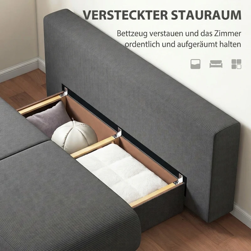 Schlafsofa Verstellbare Rückenlehne Bettfunktion Stauraum Cordbezug