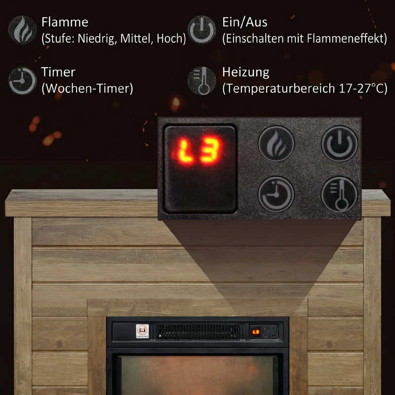 Elektrokamin 3D-Flammeneffekt Timer Fernbedienung Naturholz Standkamin
