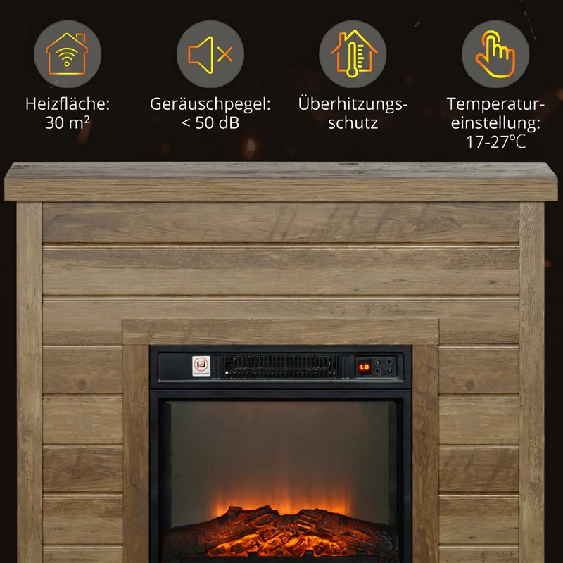 Elektrokamin 3D-Flammeneffekt Timer Fernbedienung Naturholz Standkamin