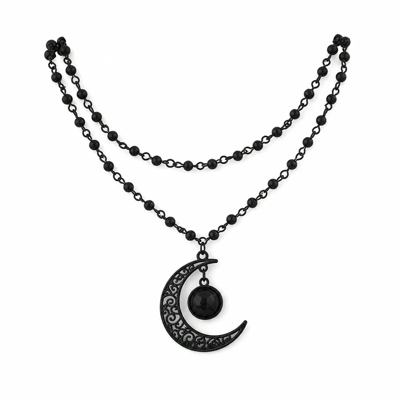 📢📢50% OFF !! ⏰Gothic Dark Crystal Beaded Chain Necklace with Hollow Out Moon Alloy Pendant