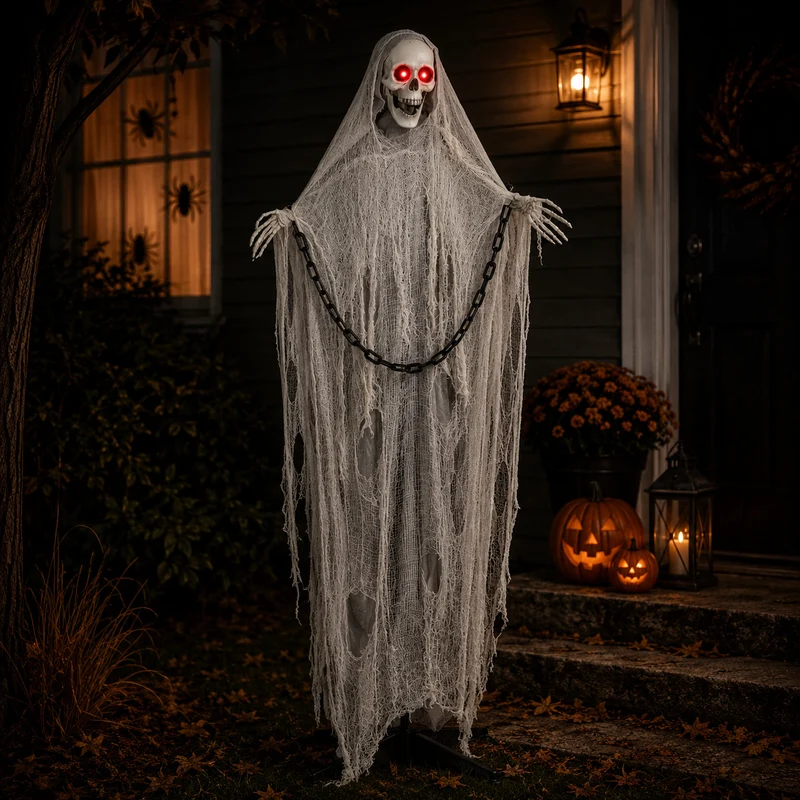 Sensenmann Halloween Deko 183cm Gruselfigur LED Augen Animatronic
