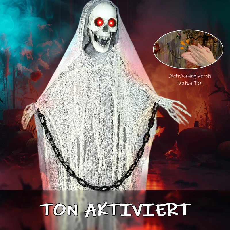 Sensenmann Halloween Deko 183cm Gruselfigur LED Augen Animatronic
