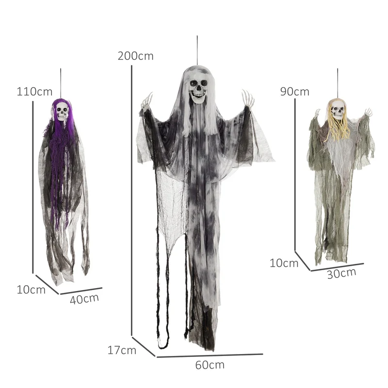3x Set Halloween Skelett Geister Hängedeko 90 110 200cm Spukdeko Party