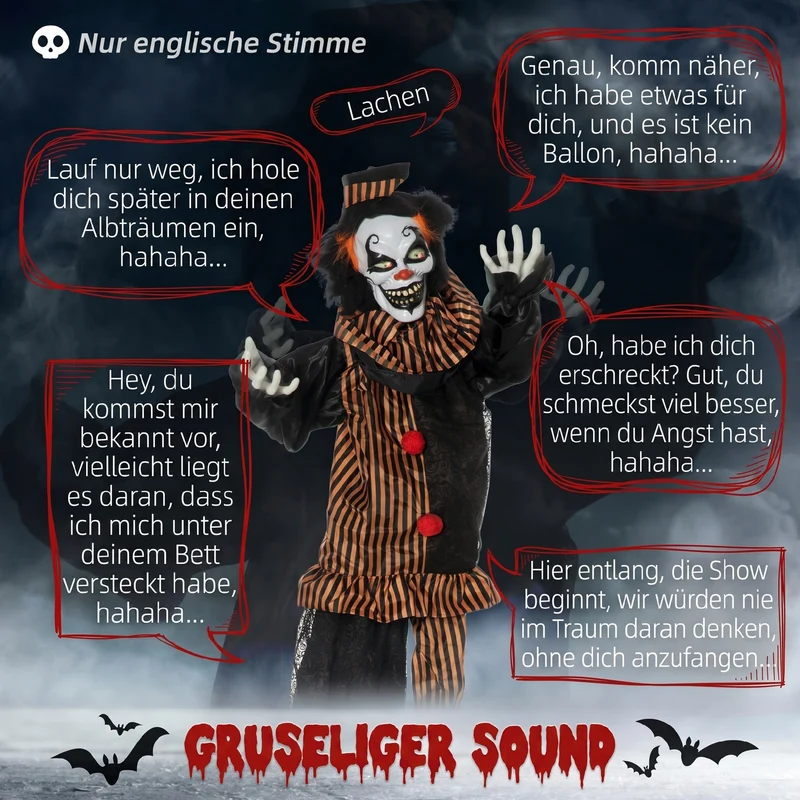 153cm Animatronic Halloween Horror Clown Gruselfigur Deko Sound Licht Effekte