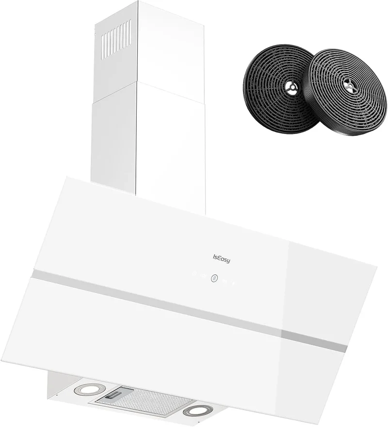 Dunstabzugshaube, 90 cm, 571 m3/h, 61 dB, Küchenhaube, Weiß, 9 min Verzögerungs-Ausschaltung, 4 Einstellstufen, Abluftmodus, Gasfederhalterung