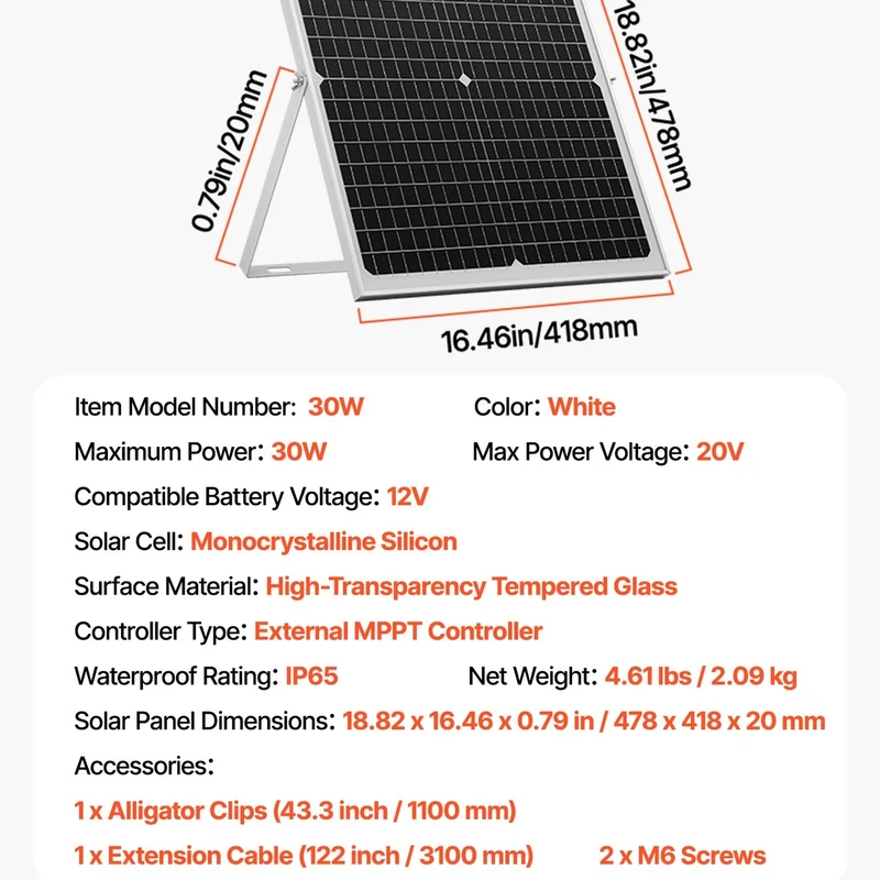 12V Monokristallines Solarpanel 30W Laderegler Batterieladegerät