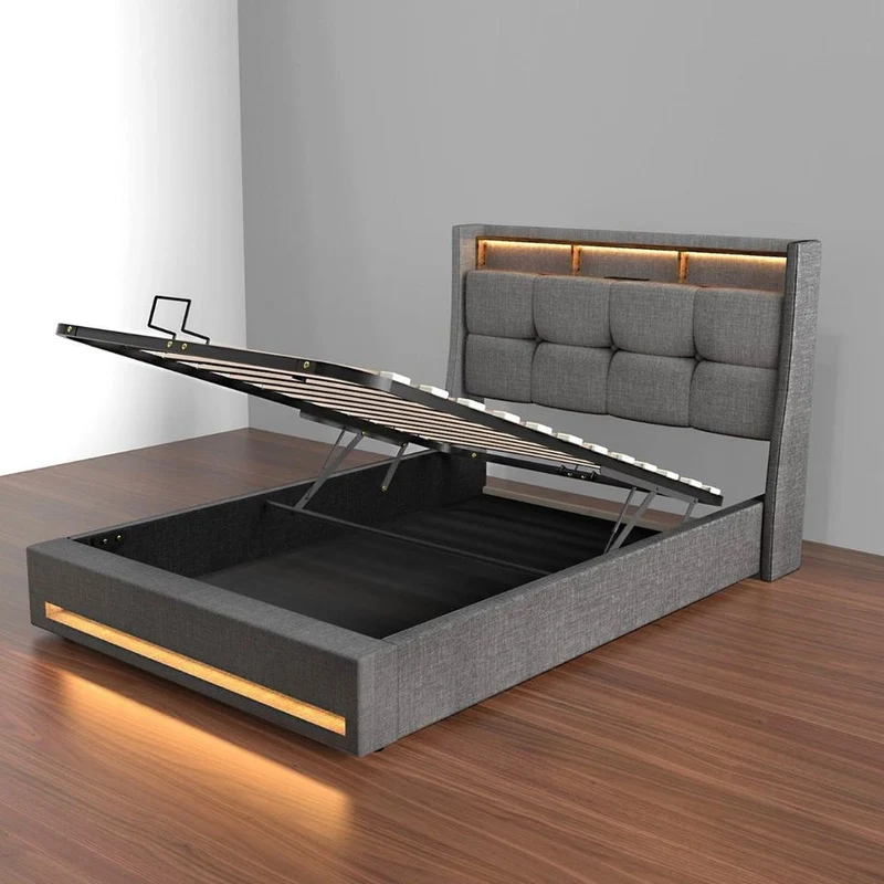 Polsterbett 90x200cm Stauraumbett LED Beleuchtung USB Bettgestell Bettkasten