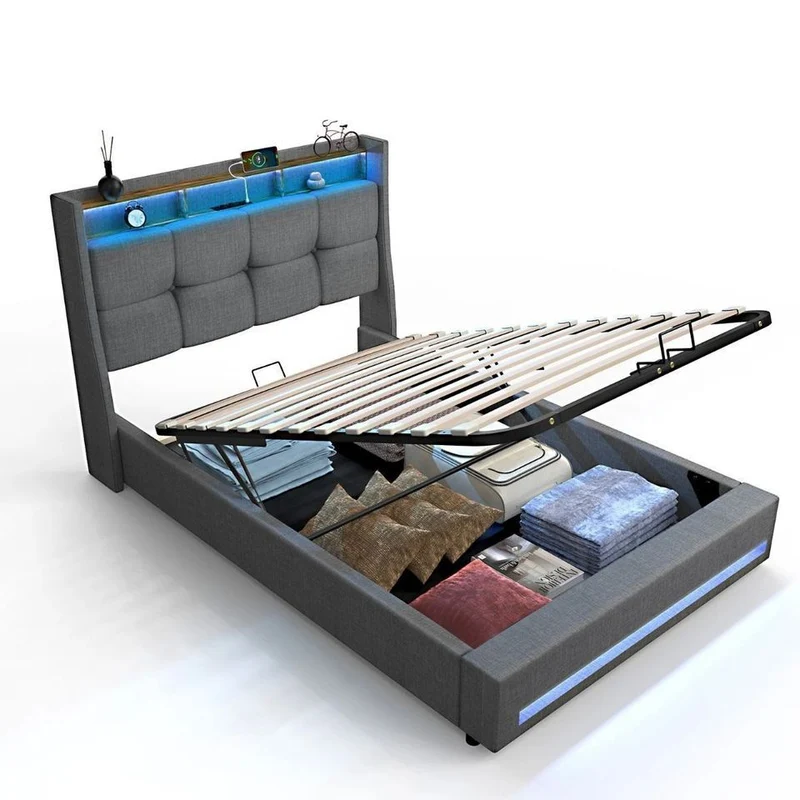 Polsterbett 90x200cm Stauraumbett LED Beleuchtung USB Bettgestell Bettkasten