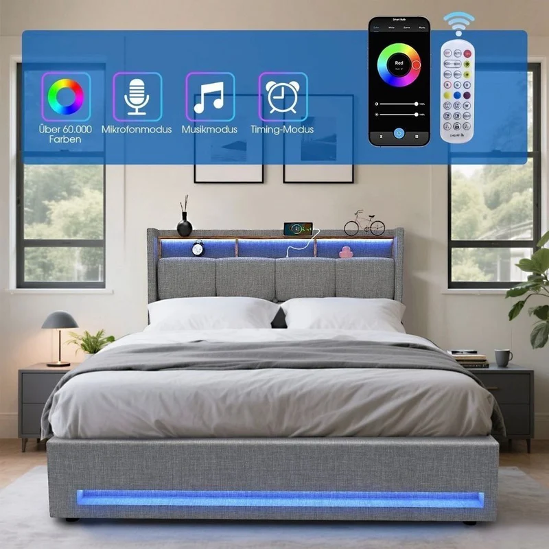 Polsterbett 90x200cm Stauraumbett LED Beleuchtung USB Bettgestell Bettkasten