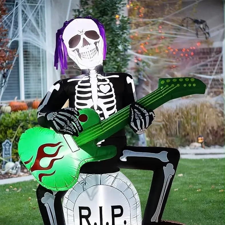 Halloween Aufblasbar Skelett Gitarre Grabstein Kürbis LED Beleuchtung