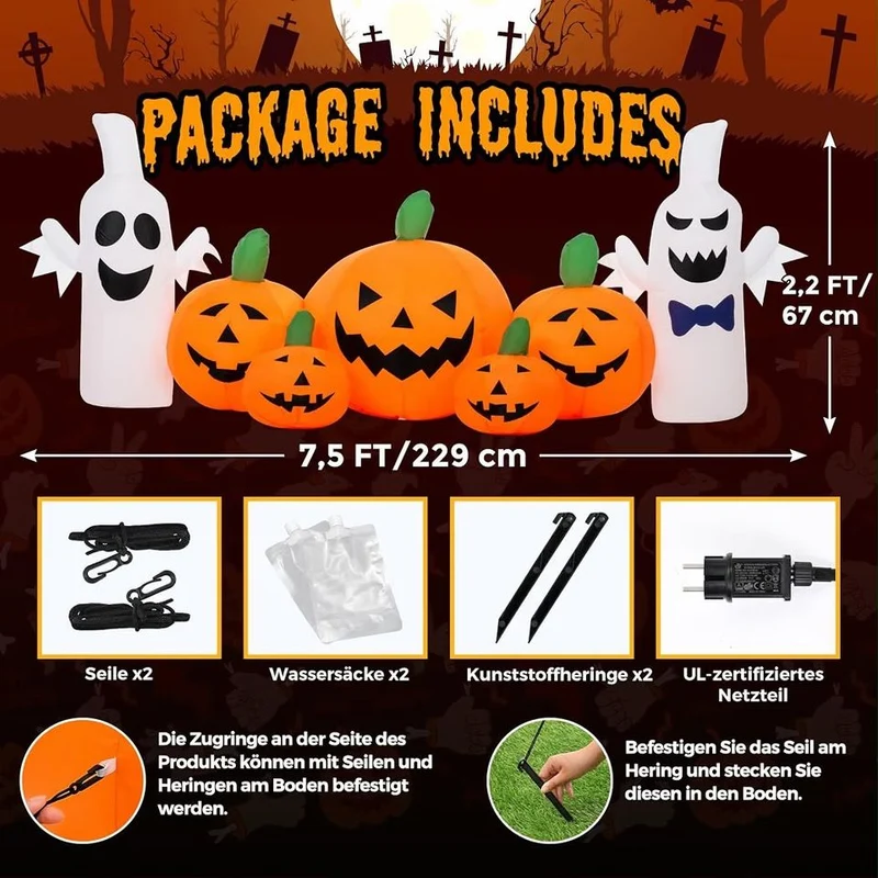 Aufblasbare Halloween Dekoration LED Kürbis Geister 229cm Außendeko Garten