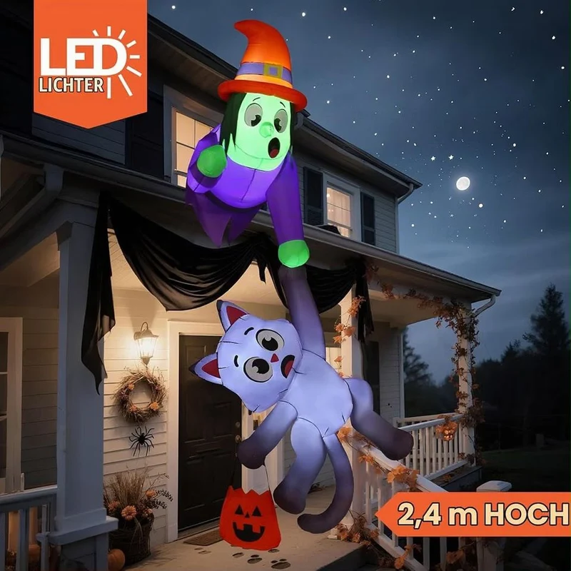 Halloween Aufblasbare Dachdekoration Hexe Katze XXL 244cm Gebläse