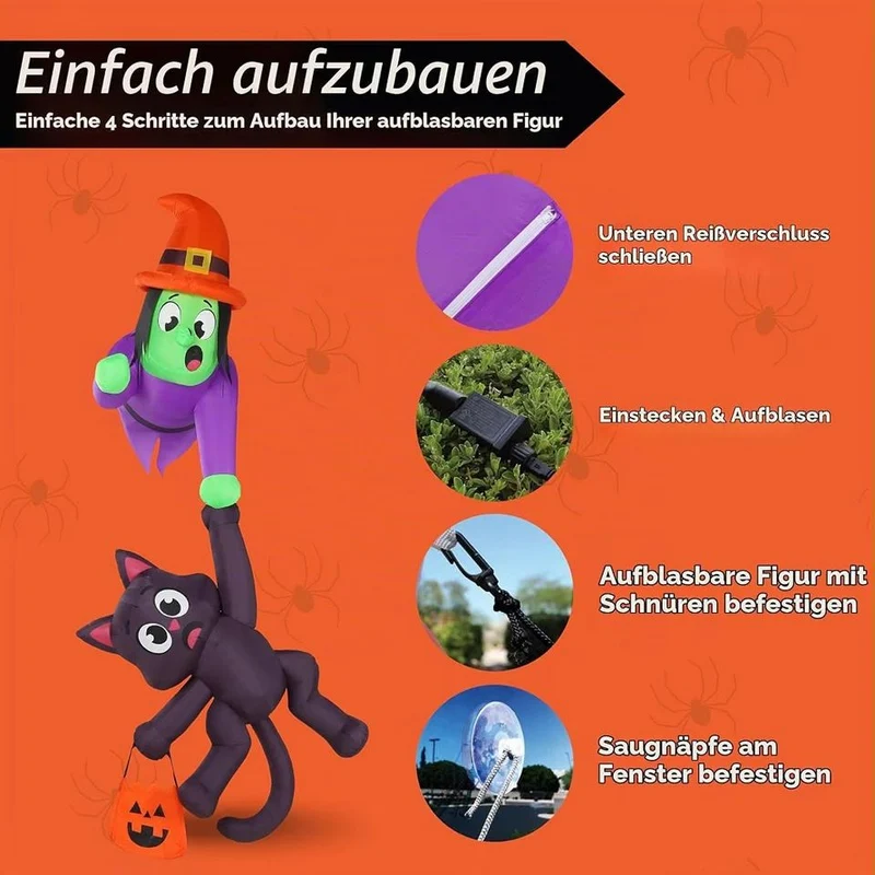 Halloween Aufblasbare Dachdekoration Hexe Katze XXL 244cm Gebläse
