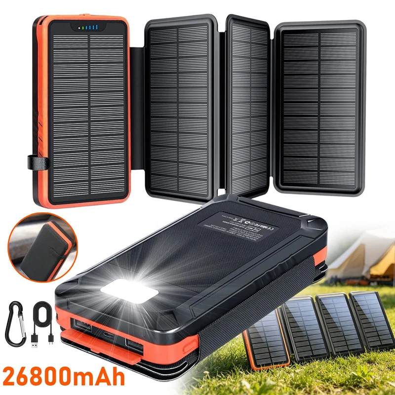 26800mAh Solar Powerbank Wasserdicht 4 Panels USB-C LED Taschenlampe