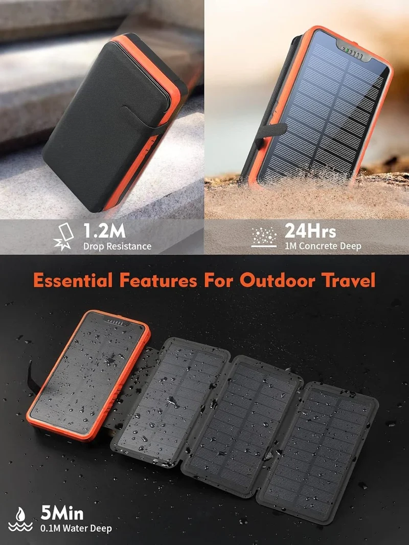 26800mAh Solar Powerbank Wasserdicht 4 Panels USB-C LED Taschenlampe