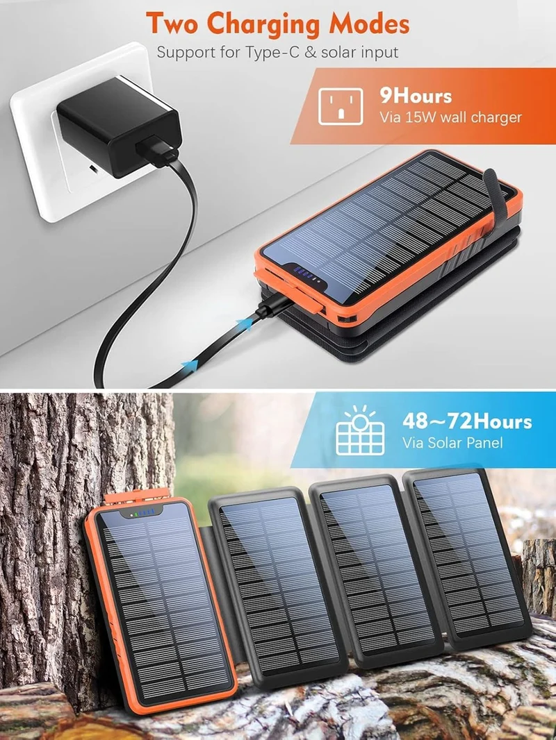 26800mAh Solar Powerbank Wasserdicht 4 Panels USB-C LED Taschenlampe