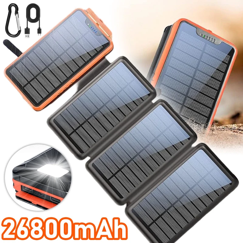 26800mAh Solar Powerbank Wasserdicht 4 Panels USB-C LED Taschenlampe