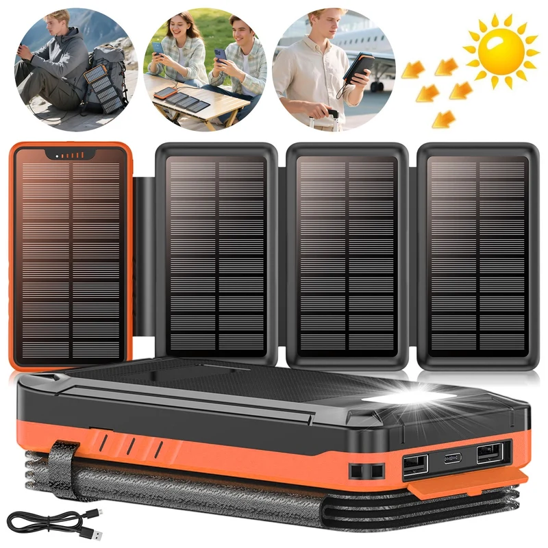 26800mAh Solar Powerbank Wasserdicht 4 Panels USB-C LED Taschenlampe