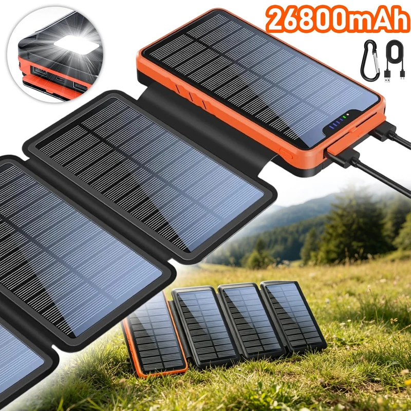 26800mAh Solar Powerbank Wasserdicht 4 Panels USB-C LED Taschenlampe