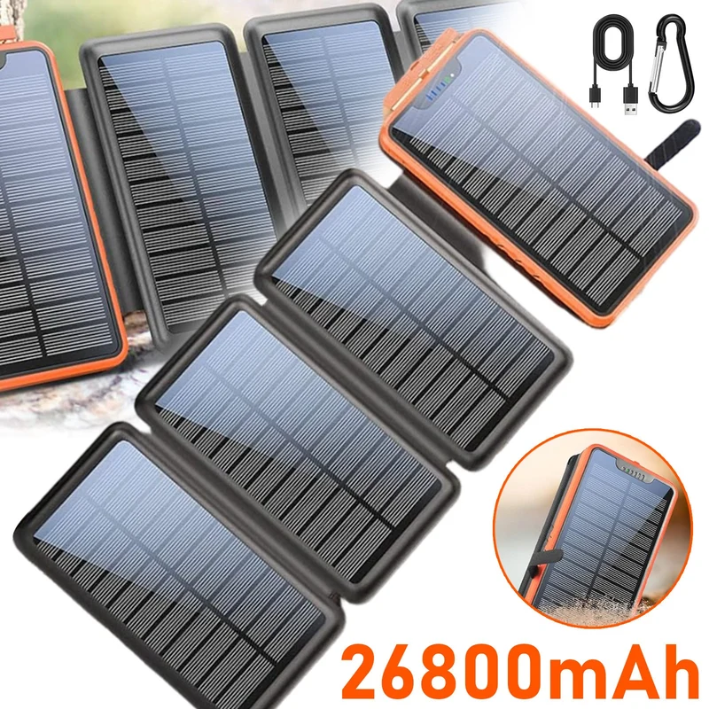 26800mAh Solar Powerbank Wasserdicht 4 Panels USB-C LED Taschenlampe