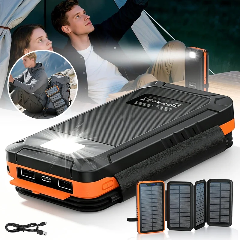 26800mAh Solar Powerbank Wasserdicht 4 Panels USB-C LED Taschenlampe