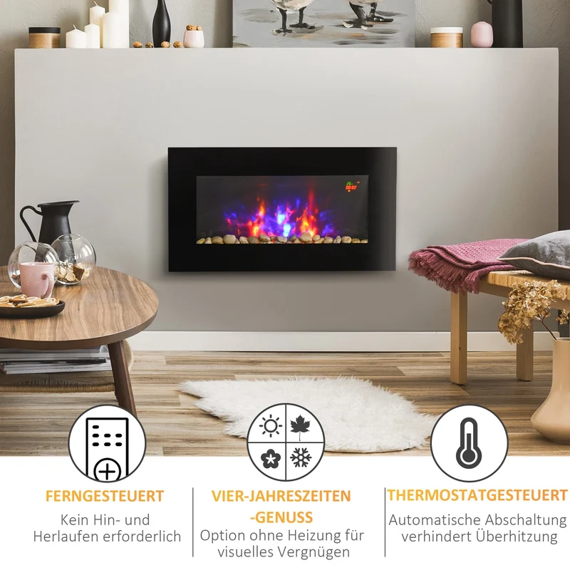 Elektrokamin Wandkamin 2000W Heizung LED Flammeneffekt Fernbedienung