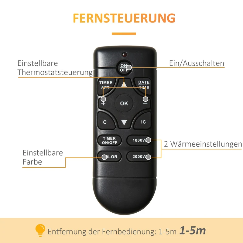Elektrokamin Wandkamin 2000W Heizung LED Flammeneffekt Fernbedienung