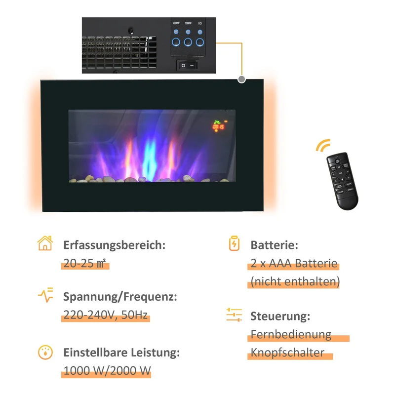 Elektrokamin Wandkamin 2000W Heizung LED Flammeneffekt Fernbedienung