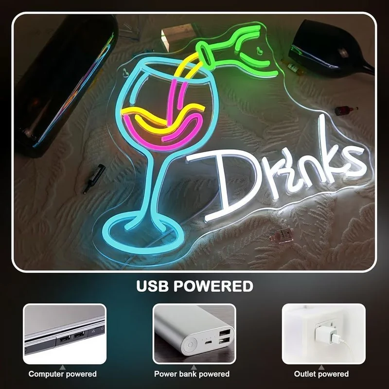LED Neon Schild Drinks Cocktail Bar Neonlicht USB Club