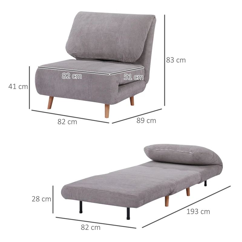 2-in-1 Schlafsessel Gästebett verstellbare Kopfstütze Cord-Optik grau 200kg