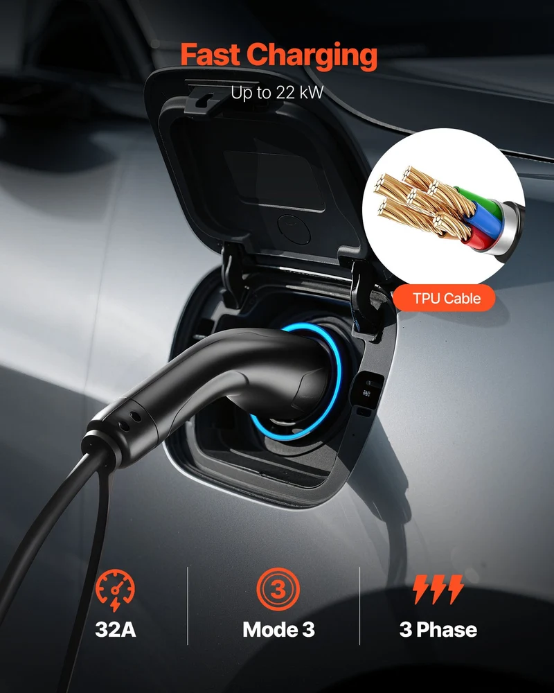 Typ 2 Ladekabel 3-Phasig 32A 10m Verlängerungskabel Elektroauto 22kW